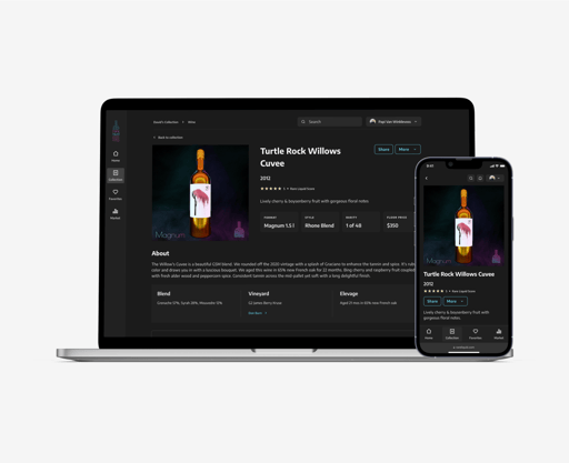A laptop and smartphone display a wine product page, featuring "Turtle Rock Willows Cuvee" with a bottle image, description, and purchase options.